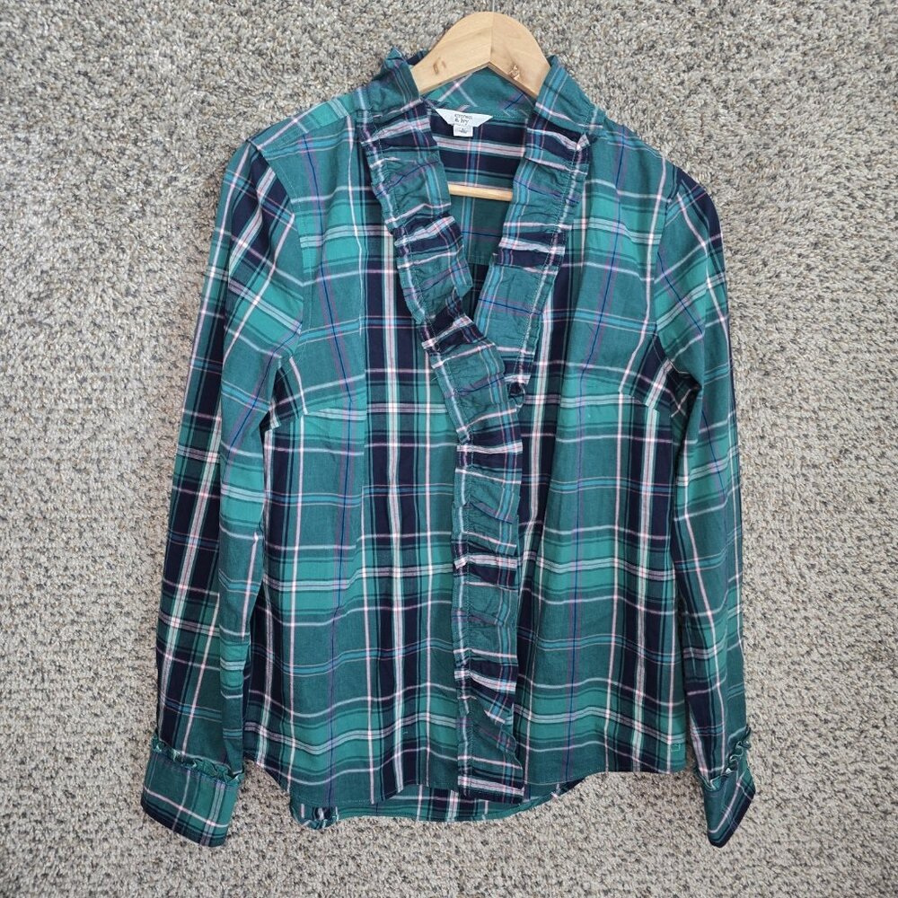 Crown & Ivy Top Womens‎ Large Green Plaid Button Up Ruffle Blouse Casual Ladies